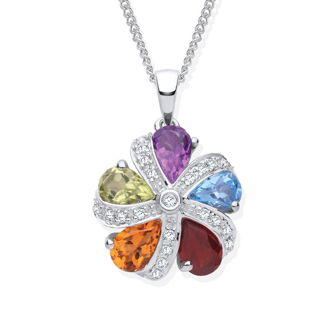 ETERNAL MOMENTS 9ct White Gold 0.12ct Diamond & Multi Coloured Gems, Flower Pendant Necklace