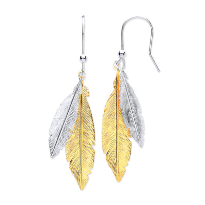 Sterling Silver Two Tone Feather Drop Earrings