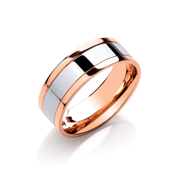 8mm Flat Court Two Colour with Parallel Groove Wedding Band